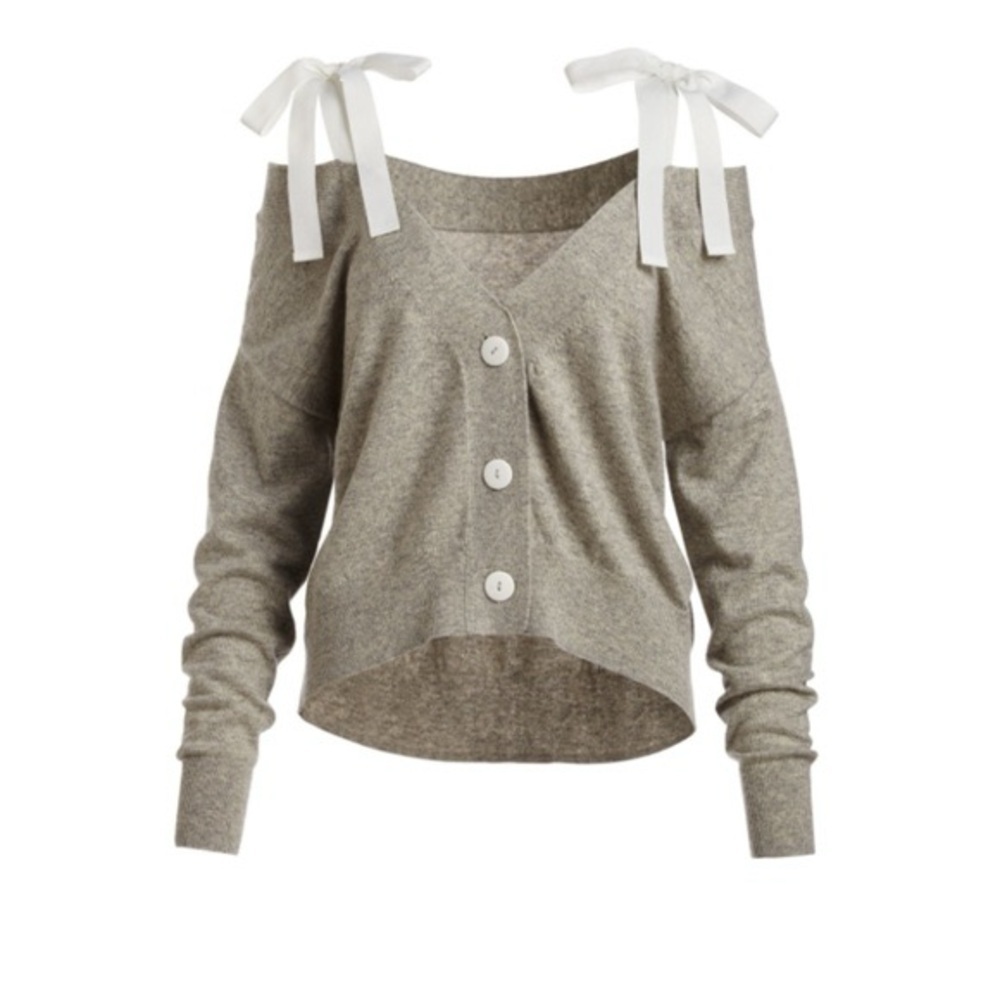 Cinq á Sept Dash Ribbon Button-Front Wool Cardigan in Light Heather Grey Ivory